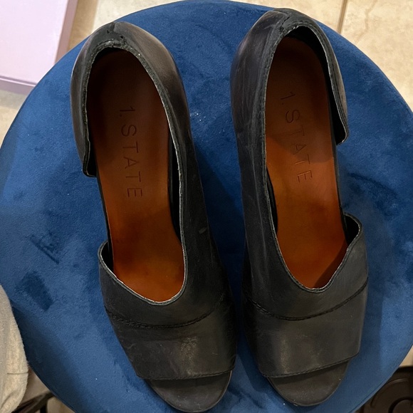 1. State Shoes - 1. State Black Leather Peep-Toe Mules